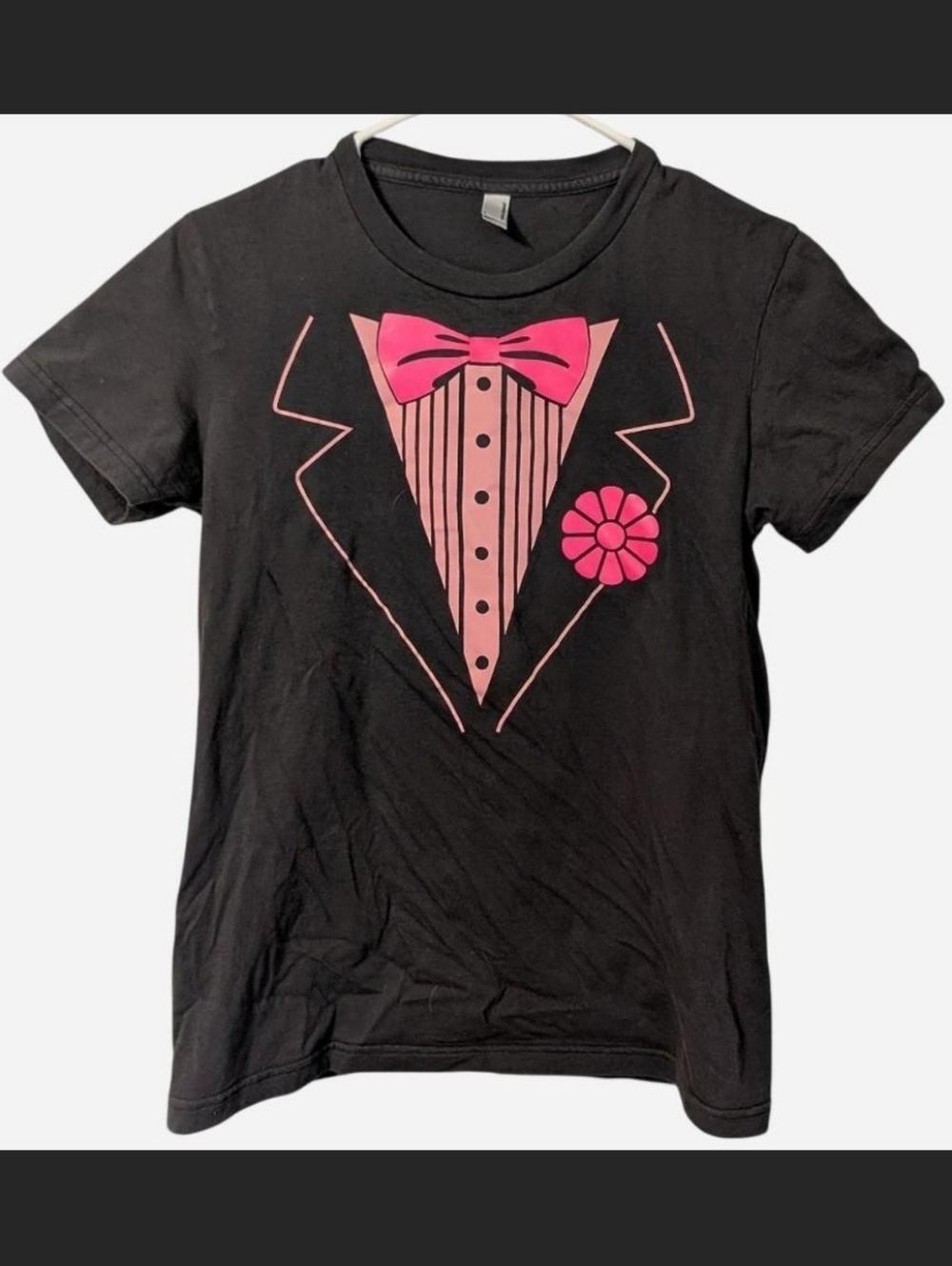 American Apparel Grey T-shirt w/ Hot Pink Tuxedo Graphic Print, Size S / YL